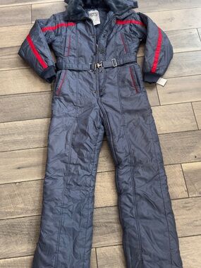 Vintage Tiger Bay Kids Navy Blue Ski Snow Suit with Red Trim